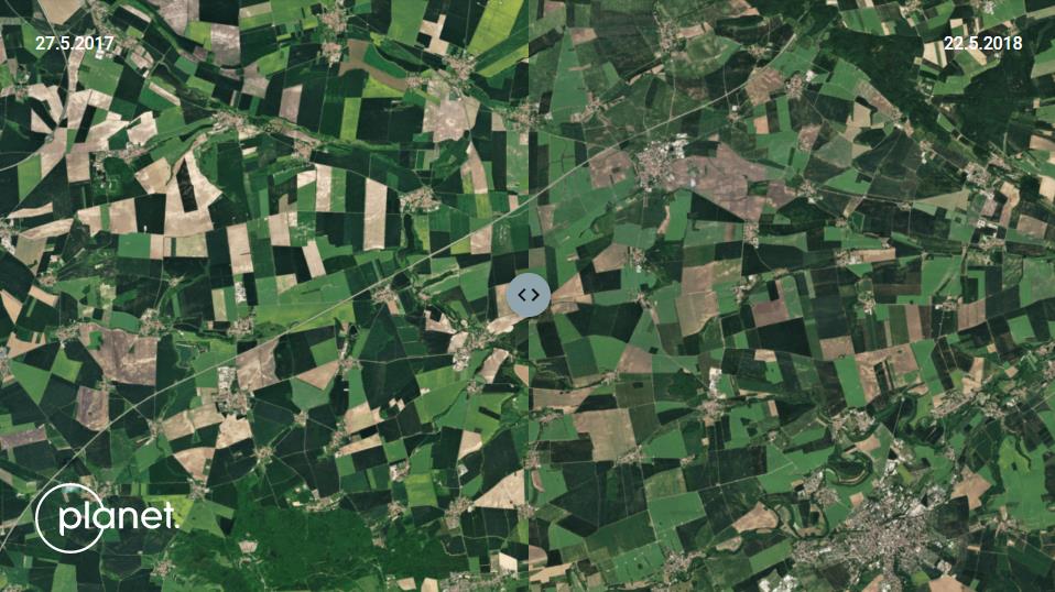 Comparison of an agricultural area in the Thuringian Basin in 2017 and 2018, Planet Labs  (CC BY-NC 3.0)